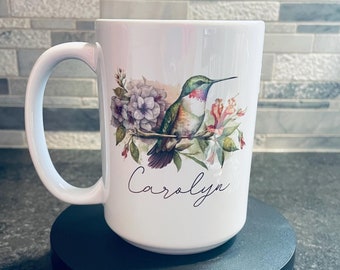 Hummingbird Art Coffee Mug: Custom Name, Bird Lover Gift