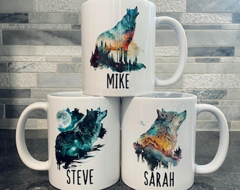 Wolf Mug: Custom Name Under Wolf Art