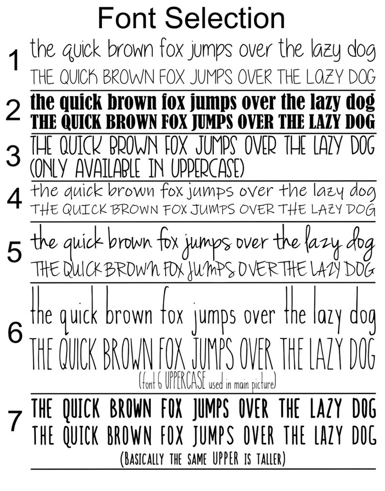 May include: A black and white graphic displaying font selections. Each font is shown with the sentence "the quick brown fox jumps over the lazy dog" in both upper and lowercase. The title "Font Selection" is at the top.