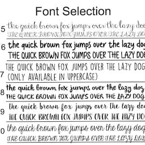 May include: A white background displays a "Font Selection" title above examples of text in various fonts. Each font displays the sentence "the quick brown fox jumps over the lazy dog" in both upper and lowercase.