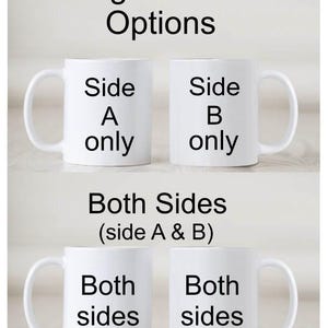 May include: Four white ceramic mugs with black text. The mugs are labeled with design options: "Side A only," "Side B only," and "Both sides." The text "Design direction Options" is at the top.