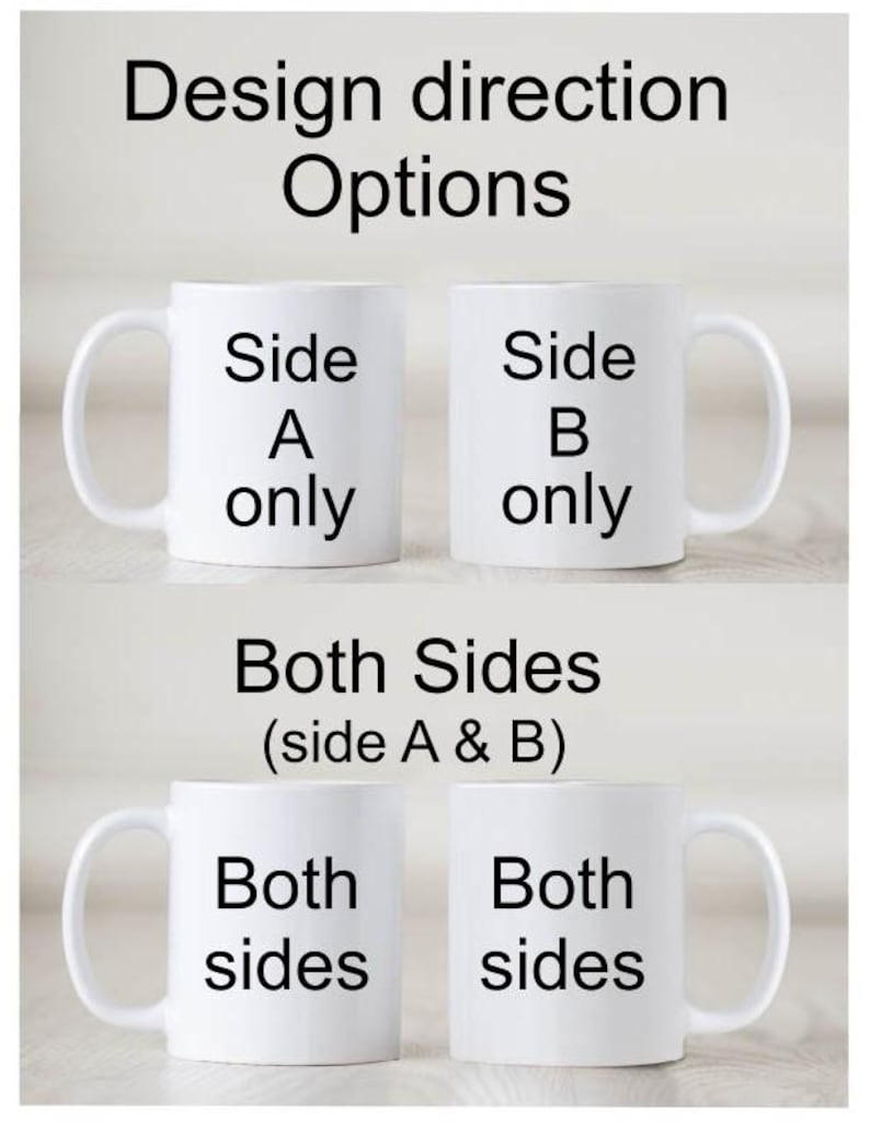 May include: Four white ceramic mugs with black text. The mugs are labeled with design options: "Side A only," "Side B only," and "Both sides." The text "Design direction Options" is at the top.