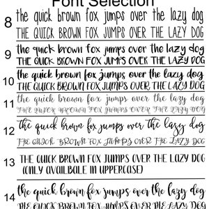 May include: A black and white image showcasing a font selection guide. The text "Font Selection" is at the top. Various font styles are displayed, each presenting the phrase "the quick brown fox jumps over the lazy dog" and its uppercase version.