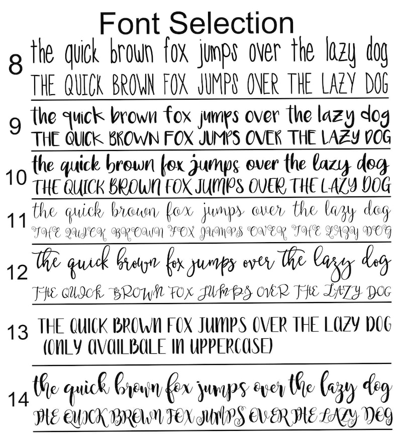 May include: A black and white image showcasing a font selection guide. The text "Font Selection" is at the top. Various font styles are displayed, each presenting the phrase "the quick brown fox jumps over the lazy dog" and its uppercase version.
