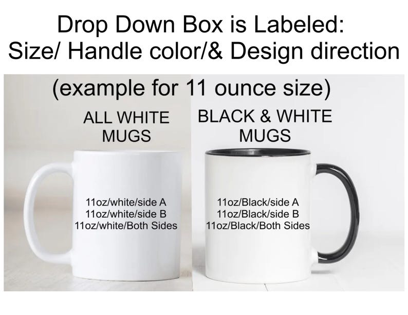 May include: Two white ceramic mugs are displayed, one with a white handle and the other with a black handle and interior. Text indicates options for handle color and design direction, with examples for an 11-ounce size.