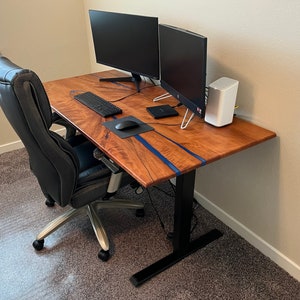 Custom Cherry Desk with Deep Blue Highlights and Electric Standing Base, Custom Made Office Desk, Custom Made Studio Desk, Solid Wood Desk