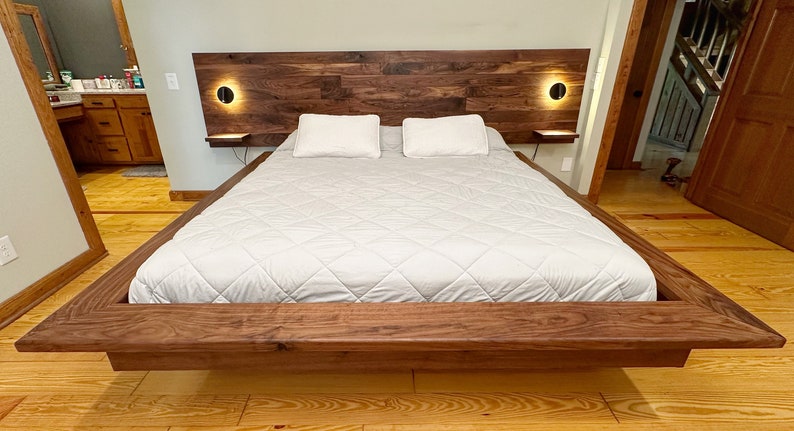 Custom Black Walnut Floating Bedframe W/ Patchwork Headboard and ...