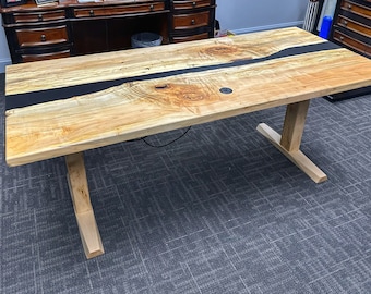 Custom Resin River Desk with Electric Standing Base