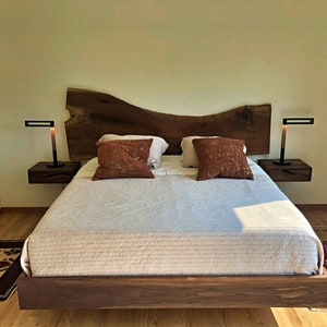 Custom Black Walnut Floating Bedframe with a Live Edge Headboard and Floating Nightstands