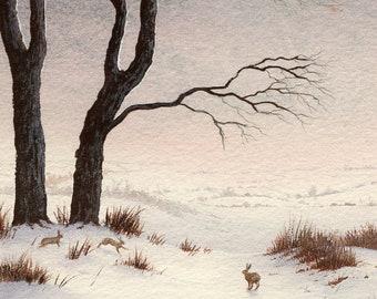 Hare art, giclee print,Perfect Timing, Hares in the Moonlight