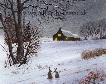 May include: A watercolor painting of a snowy landscape with a small cottage in the distance. The moon is shining brightly in the night sky, and two rabbits are sitting in the snow. The painting is done in a realistic style and has a peaceful and serene atmosphere.