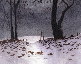 May include: Two brown rabbits run through a snowy path under a full moon. The path is lined with bare trees and a fence. The sky is a dark grey.