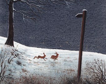 May include: A watercolor painting of a snowy landscape with a bare tree in the foreground. Two brown rabbits run across the snow under a full moon and a starry sky. A wooden signpost stands in the background.