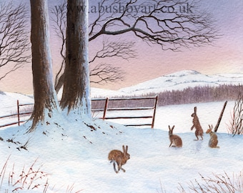 May include: Watercolor painting of a winter landscape at night. Two large trees frame the scene, with a full moon and stars in the dark blue sky. Several hares are in the snow-covered foreground, with a fence and hills in the background.