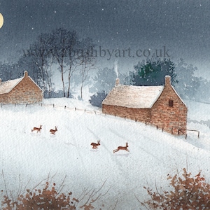 Hares in moonlight, giclee print, The Hares of Hare Hill
