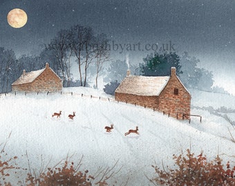 Hares in moonlight, giclee print, The Hares of Hare Hill