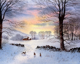 May include: A watercolor painting of a snowy winter scene with a small cottage in the distance. Two deer and two rabbits are in the foreground, with a bright orange sunset in the background.