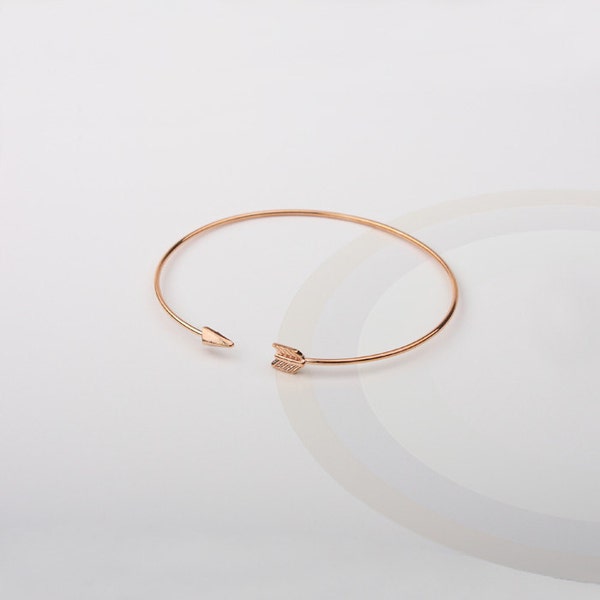 Rose-gold alloy plated tiny Arrow shaped Bracelet, wire open end Bangle, pink gold bracelet, cuff bracelet, adjustable size