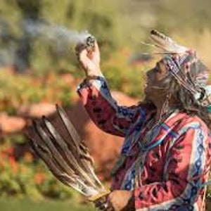 Op de afbeelding: Een inheemse Amerikaanse man in traditionele kleding voert een ceremonie uit, terwijl hij een klein voorwerp en een verenwaaier vasthoudt. Hij staat op een veld met een wazige achtergrond van planten en bloemen.