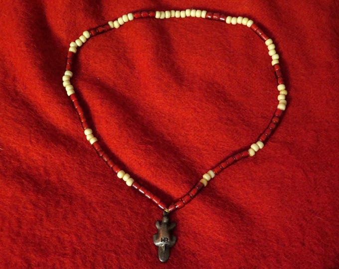 Native American Necklace/ HB Stamped Beaver pendant / Old Style Hudson Bay Red White Heart Crow Opaque Glass Trade Beads/  strung w/sinew