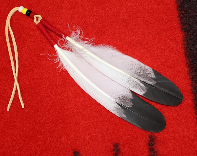 Native American artist painted handcrafted feather hair tie, most realistic imitation eagle feathers