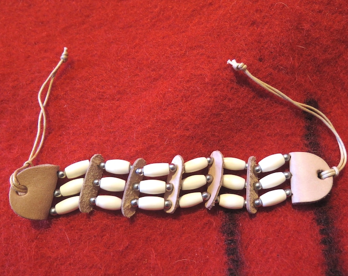 Native American Bone Bracelet arm and leg bands, Bone Hair Pipe Bracelet  1/2” Armband with Leather Spacers & Silver Beads, beaded bracelets