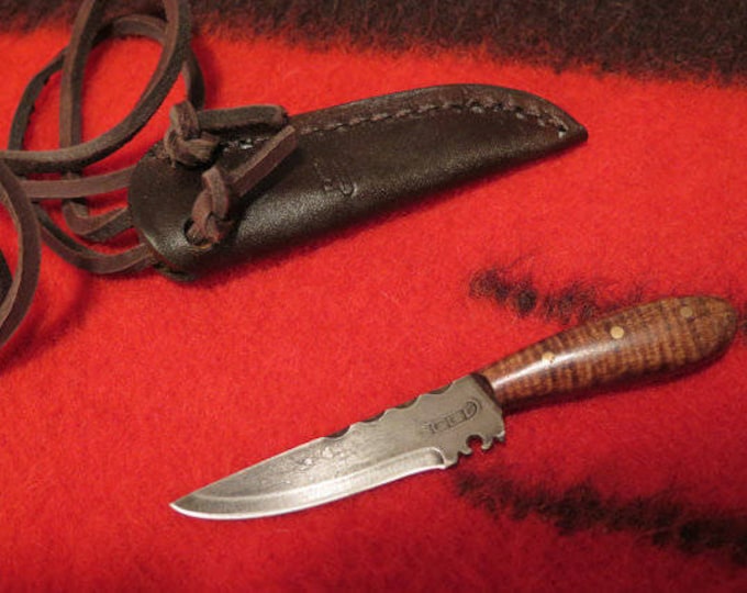 SALE- Native American  Knife Abenaki Custom Made Neck Knife Forged High Carbon Steel w/Tiger Maple Handle w/Custom Leather Sheath