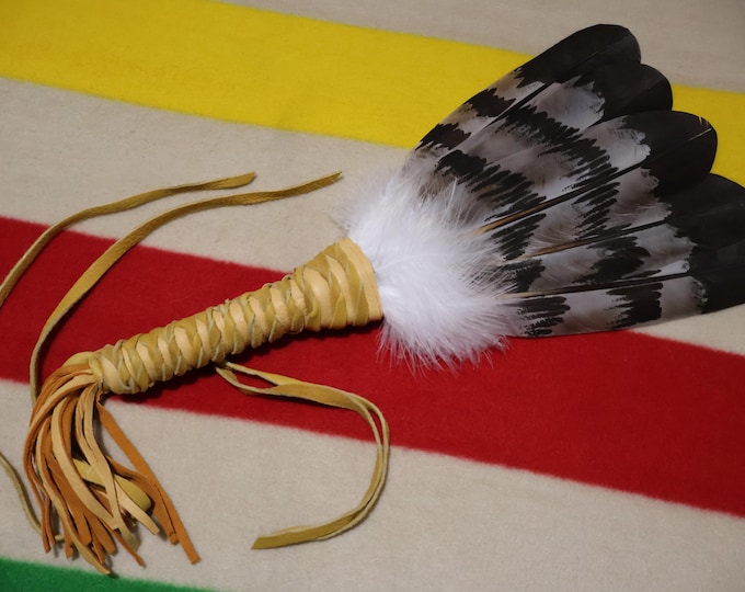Golden Eagle semi-mature Feather Fan: Native American Artist Hand Painted Turkey Feathers to simulate prayer fan