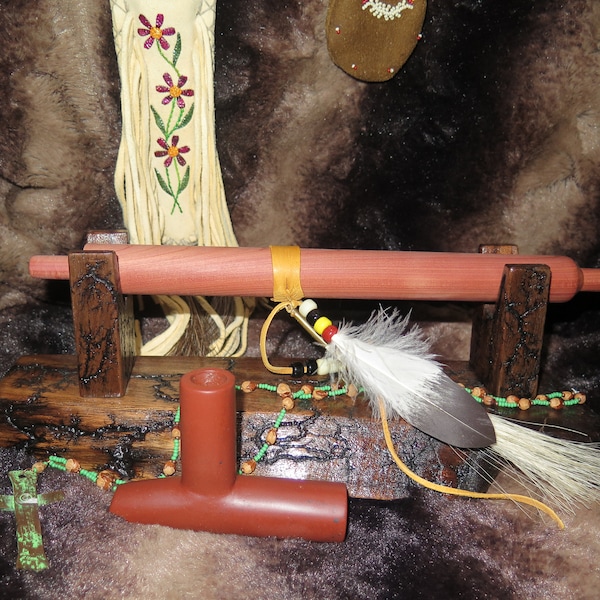 Native American Ceremonial Sacred Catlinite Peace Pipe Stone Bowl with Cedar Pipe Stem and w/Decorated w/hardwood display stand