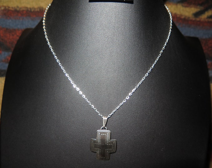 Native American Made Sterling Silver Cross Pendant hammered design is  lightly antiqued satin finish, with chain
