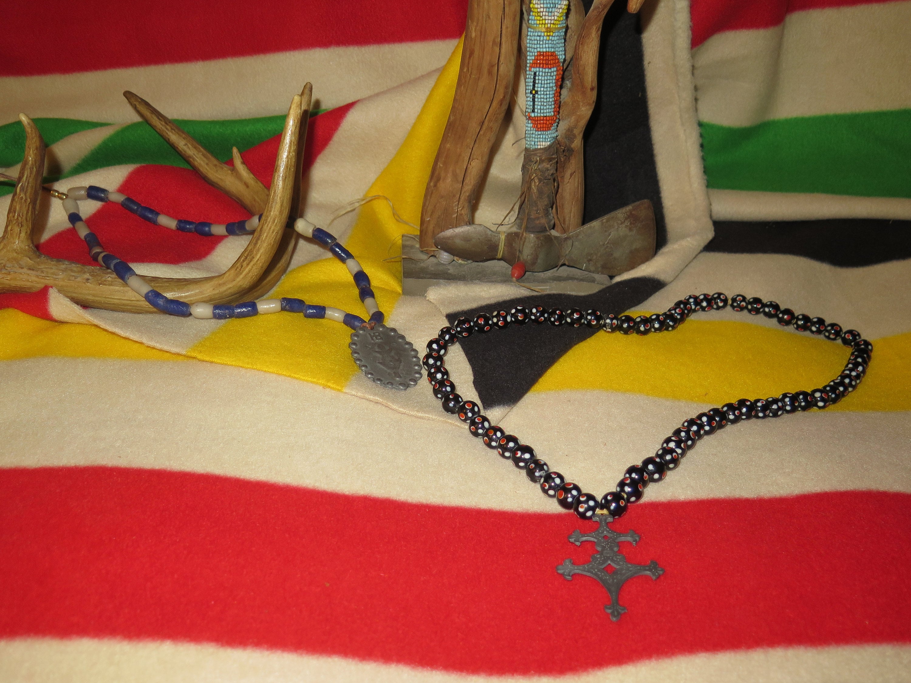 HUDSON BAY era Fur Trade pendant necklaces w/Old Trade Beads Montreal French Cross Strung with