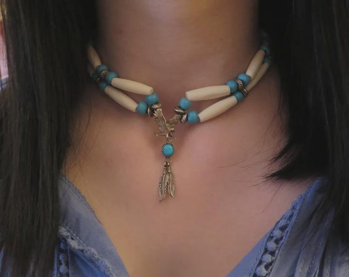Native American Jewelry Navajo Turquoise Necklace with Vintage Sterling Silver Navajo made Eagle Pendant - Vintage - SS Beads & Bone Choker