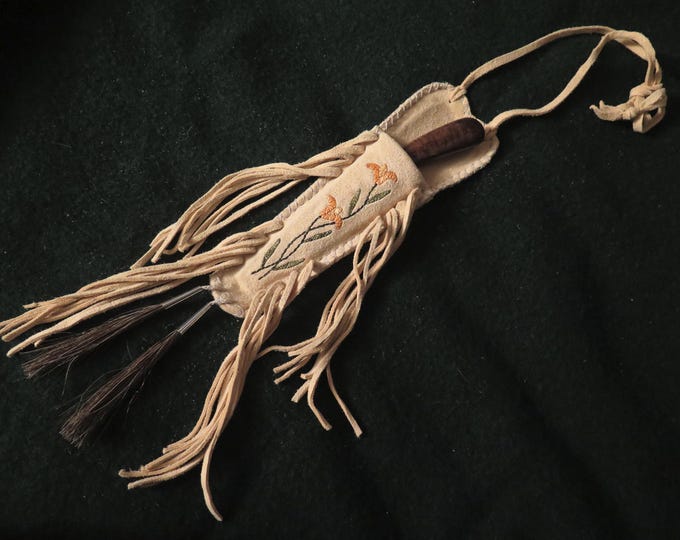 Native American Regalia Neck Knife with Welted Sheath & Quill-Work Floral Design  Collectible Handmade Eastern Woodland hand-made
