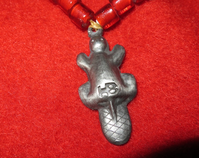 Native American Necklace/ HB Stamped Beaver pendant / Old Style Hudson Bay Red White Heart Crow Opaque Glass Trade Beads/  strung w/sinew