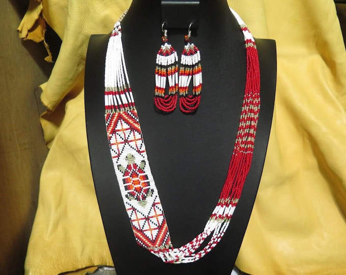 Fully Beaded Native American Style Necklace with Earring Set - Handmade Collectible Jewelry.”