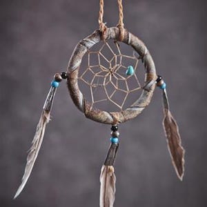 May include: A brown dream catcher with a white web and blue beads hanging from it. The dream catcher has three brown feathers attached to it.