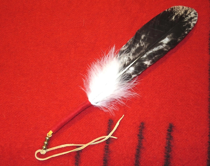 Large Hand-Painted Golden Eagle Feather Native American Eagle Feather Tie - with Leather Lace & Brass Beads - Collectible Hair Tie