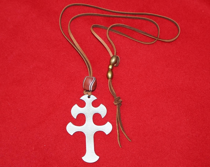 Cross of Lorraine Necklace This stunning Pewter features a large pendant adorned with authentic Native American trade beads