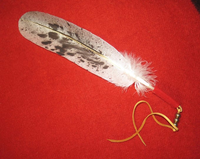 Eagle Feather regalia hair ties, fans Native American Salt & Pepper hand-painted Bald Eagle Feather wrapped trade cloth leather Brass Beads