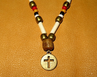 SALE-Native American 4 direction Beaded Antique Bronze Cross sinew laced glass seed beads adjustable to wear as a choker or as a necklace