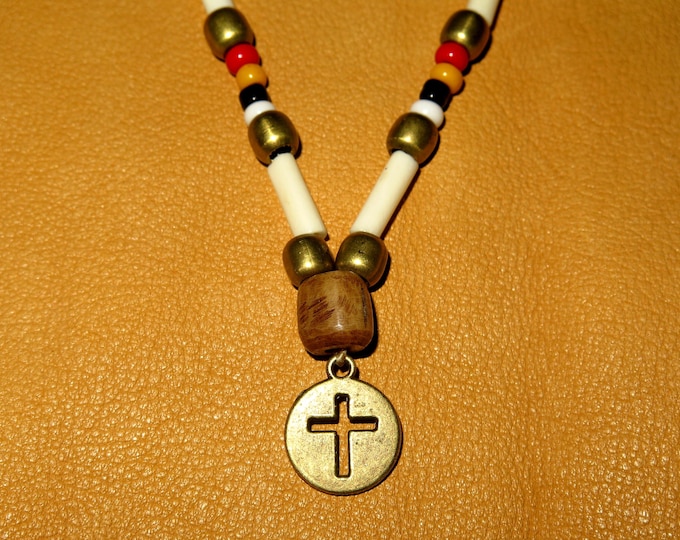 SALE-Native American 4 direction Beaded Antique Bronze Cross sinew laced glass seed beads adjustable to wear as a choker or as a necklace