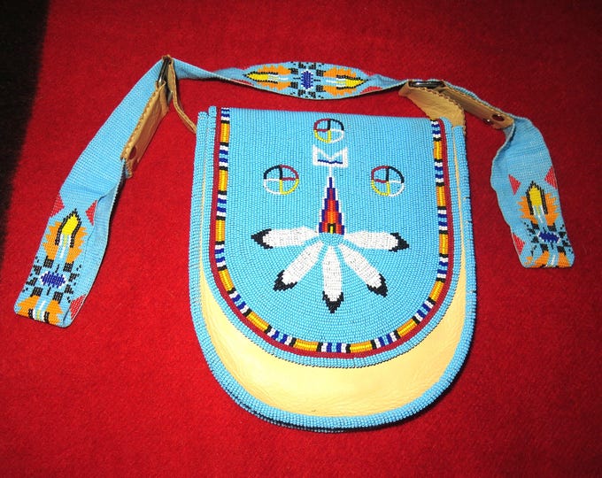 Beaded bag Handmade Shoulder Beaded Purse Native American Medicine Wheel Blue or Red fully beaded Feather Design on a fully beaded strap