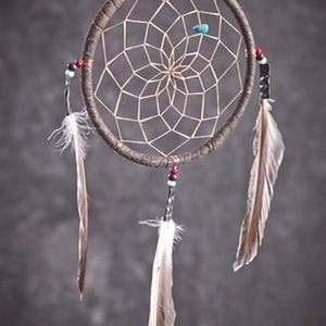 May include: A brown dreamcatcher with white feathers and beads hanging from it. The dreamcatcher has a circular frame with a web-like pattern in the center.