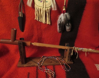 SALE- Native American 6" Catlinite Ceremonial Peace Pipe Total 24" Pipe w/stem Sacred Plains Pipe, beaded Leather Pipe Stem and Walnut Stand