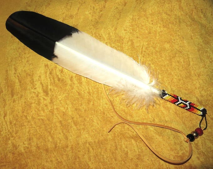 Eagle Feather Beaded Jewelry Native American made hand painted beaded Golden Eagle Feather used for smudging or a Feather tie or hair tie