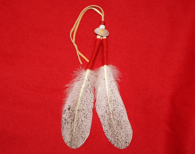 Hand Painted Feather Hair Tie: Abalone, Glass Beads, Native American Made