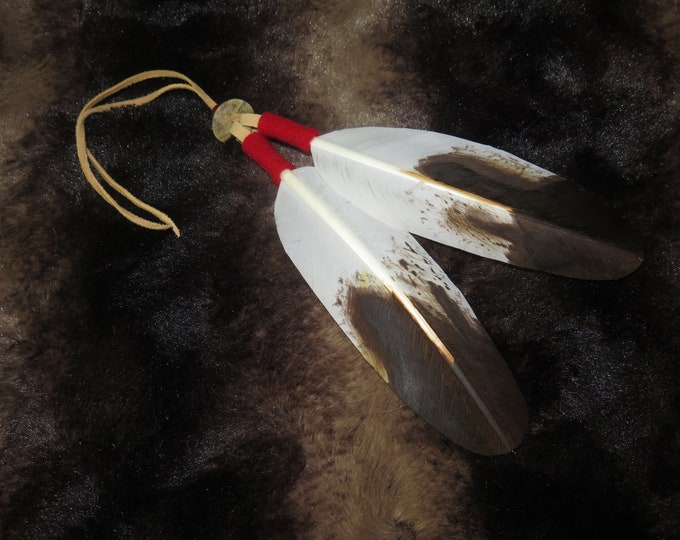 Native American Hair Tie as part of your Regalia Beautifully hand painted hand made Golden Eagle Feathers that's the Symbolism and Power