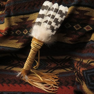 Owl Native American-made painted Feather Smudge Fan feathered Fan replicated Snowy Owl Spiritual Feather Prayer fan, Wand Collectible