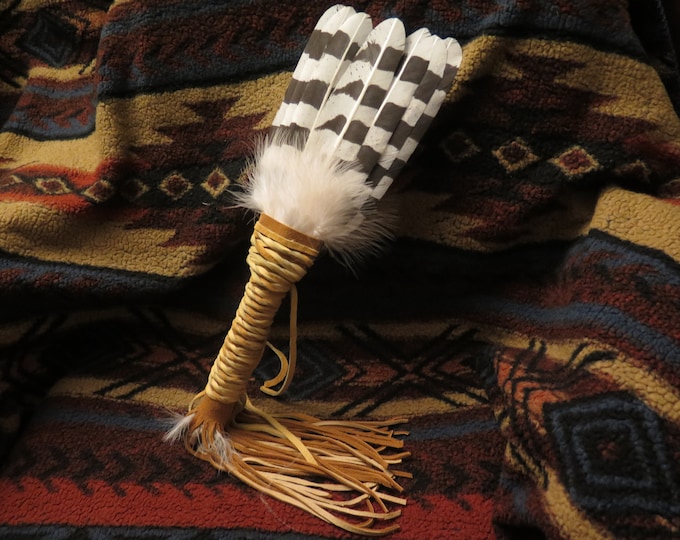Owl Native American-made painted Feather Smudge Fan feathered Fan replicated Snowy Owl Spiritual Feather Prayer fan, Wand Collectible