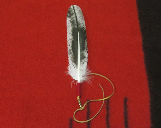Eagle Feather Hair Tie Accessory Bald Eagle Hand-Painted Imitation Native American Style with Leather & Brass Beads GREAT for graduation cap